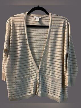 Joan Vass Cream Silver Metallic Stripe Light Cardigan